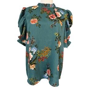 Everleigh Floral Puff Sleeve Blouse Size Large Teal Green Romantic Top